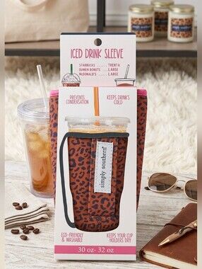 Simply Southern Brown Leopard Iced Drink Sleeve with Pink Trim